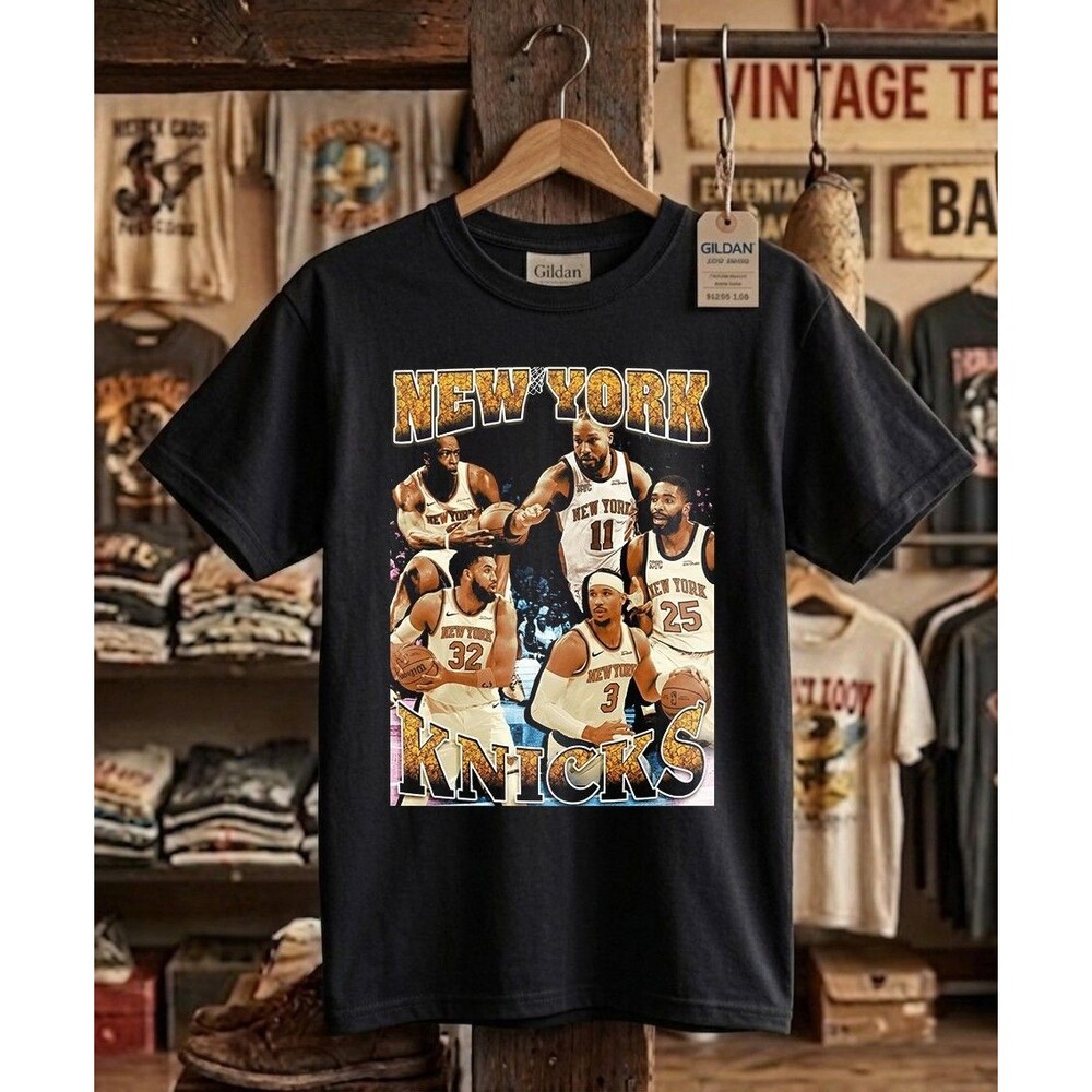 New York Hoops Retro Graphic Tee - Vintage 90s Bootleg Style Black Basketball